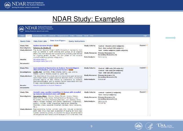9
NDAR Study: Examples
