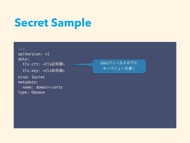 Secret Sample
---
apiVersion: v1
data:
tls.crt: 
tls.key: 
kind: Secret
metadata:
name: domain-certs
type: Opaque
EBUBϑΟʔϧυͷԼʹ
ΩʔόϦϡʔΛॻ͘

