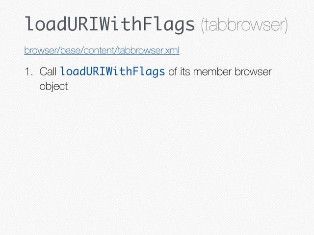 loadURIWithFlags (tabbrowser)
1. Call loadURIWithFlags of its member browser
object
browser/base/content/tabbrowser.xml
