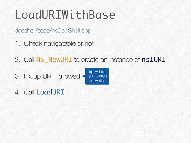 LoadURIWithBase
1. Check navigatable or not
2. Call NS_NewURI to create an instance of nsIURI
3. Fix up URI if allowed
4. Call LoadURI
docshell/base/nsDocShell.cpp
ttp → http
ps → https
le → ﬁle
