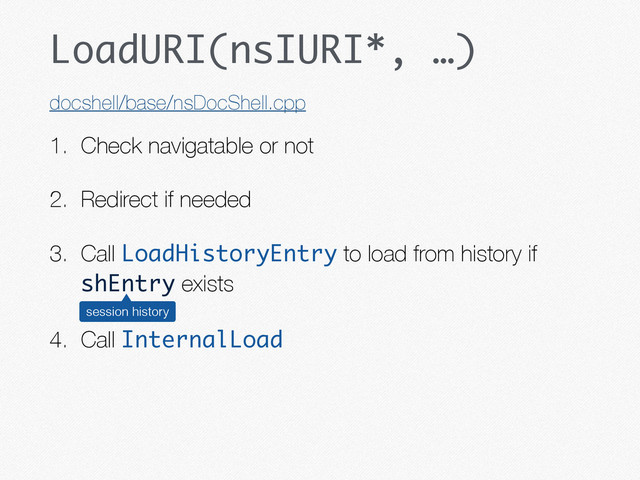 LoadURI(nsIURI*, …)
1. Check navigatable or not
2. Redirect if needed
3. Call LoadHistoryEntry to load from history if
shEntry exists
4. Call InternalLoad
docshell/base/nsDocShell.cpp
session history
