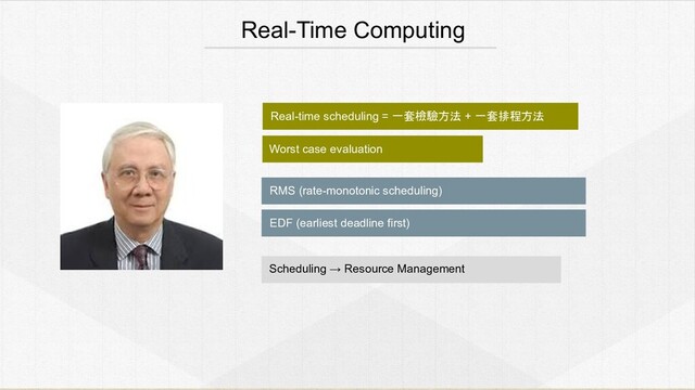 Real-time scheduling = 一套檢驗方法 + 一套排程方法
Real-Time Computing
Worst case evaluation
RMS (rate-monotonic scheduling)
EDF (earliest deadline first)
Scheduling → Resource Management
