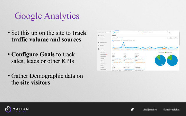 Google Analytics
• Set this up on the site to track
traffic volume and sources
• Configure Goals to track
sales, leads or other KPIs
• Gather Demographic data on
the site visitors
@saijamahon @mahondigital

