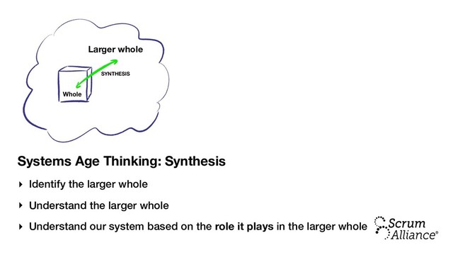 Systems Age Thinking: Synthesis
‣ Identify the larger whole
‣ Understand the larger whole
‣ Understand our system based on the role it plays in the larger whole
SYNTHESIS
Whole
Larger whole
