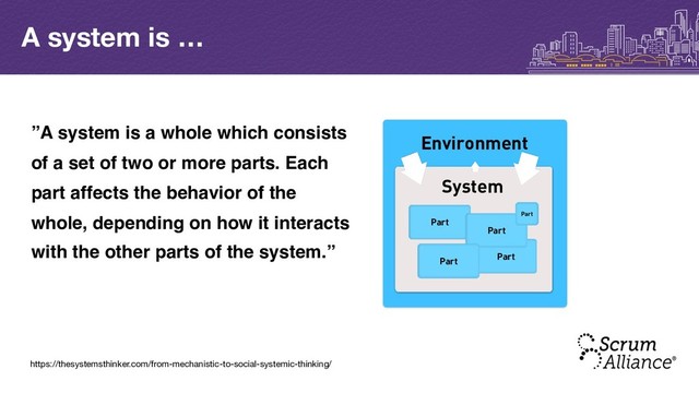 A system is …
Environment
System
Part
Part
Part
Part
Part
”A system is a whole which consists
of a set of two or more parts. Each
part affects the behavior of the
whole, depending on how it interacts
with the other parts of the system.”
https://thesystemsthinker.com/from-mechanistic-to-social-systemic-thinking/
