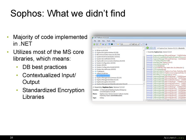 Sophos: What we didn’t find
• Majority of code implemented
in .NET
• Utilizes most of the MS core
libraries, which means:
• DB best practices
• Contextualized Input/
Output
• Standardized Encryption
Libraries
31
