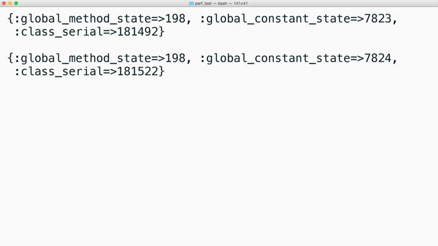 {:global_method_state=>198, :global_constant_state=>7823,
:class_serial=>181492}
{:global_method_state=>198, :global_constant_state=>7824,
:class_serial=>181522}
