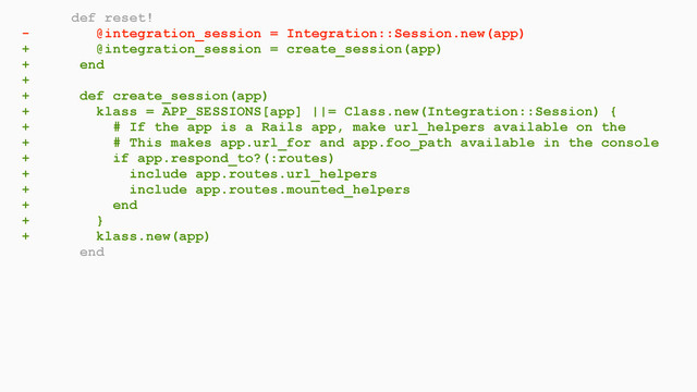 def reset!
- @integration_session = Integration::Session.new(app)
+ @integration_session = create_session(app)
+ end
+
+ def create_session(app)
+ klass = APP_SESSIONS[app] ||= Class.new(Integration::Session) {
+ # If the app is a Rails app, make url_helpers available on the
+ # This makes app.url_for and app.foo_path available in the console
+ if app.respond_to?(:routes)
+ include app.routes.url_helpers
+ include app.routes.mounted_helpers
+ end
+ }
+ klass.new(app)
end
