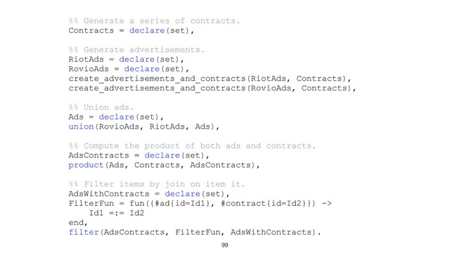 99
%% Generate a series of contracts.
Contracts = declare(set),
%% Generate advertisements.
RiotAds = declare(set),
RovioAds = declare(set),
create_advertisements_and_contracts(RiotAds, Contracts),
create_advertisements_and_contracts(RovioAds, Contracts),
%% Union ads.
Ads = declare(set),
union(RovioAds, RiotAds, Ads),
%% Compute the product of both ads and contracts.
AdsContracts = declare(set),
product(Ads, Contracts, AdsContracts),
%% Filter items by join on item it.
AdsWithContracts = declare(set),
FilterFun = fun({#ad{id=Id1}, #contract{id=Id2}}) ->
Id1 =:= Id2
end,
filter(AdsContracts, FilterFun, AdsWithContracts).
