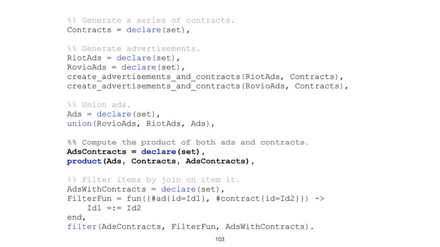 103
%% Generate a series of contracts.
Contracts = declare(set),
%% Generate advertisements.
RiotAds = declare(set),
RovioAds = declare(set),
create_advertisements_and_contracts(RiotAds, Contracts),
create_advertisements_and_contracts(RovioAds, Contracts),
%% Union ads.
Ads = declare(set),
union(RovioAds, RiotAds, Ads),
%% Compute the product of both ads and contracts.
AdsContracts = declare(set),
product(Ads, Contracts, AdsContracts),
%% Filter items by join on item it.
AdsWithContracts = declare(set),
FilterFun = fun({#ad{id=Id1}, #contract{id=Id2}}) ->
Id1 =:= Id2
end,
filter(AdsContracts, FilterFun, AdsWithContracts).
