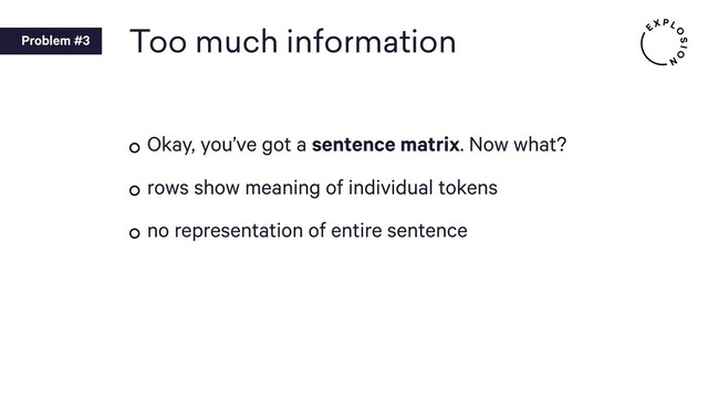 Too much information
Okay, you’ve got a sentence matrix. Now what?
rows show meaning of individual tokens
no representation of entire sentence
Problem #3
