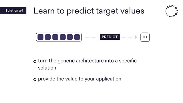 Learn to predict target values
turn the generic architecture into a specific
solution
provide the value to your application
Solution #4

