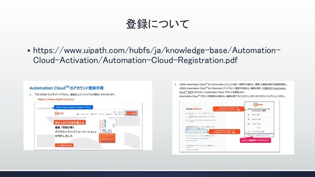 登録について
▪ https://www.uipath.com/hubfs/ja/knowledge-base/Automation-
Cloud-Activation/Automation-Cloud-Registration.pdf

