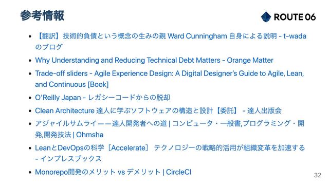 参考情報
【翻訳】技術的負債という概念の生みの親 Ward Cunningham 自身による説明 - t-wada
のブログ
Why Understanding and Reducing Technical Debt Matters - Orange Matter
Trade-off sliders - Agile Experience Design: A Digital Designer’s Guide to Agile, Lean,
and Continuous [Book]
O'Reilly Japan - レガシーコードからの脱却
Clean Architecture 達人に学ぶソフトウェアの構造と設計【委託】 - 達人出版会
アジャイルサムライ――
達人開発者への道 | コンピュータ・一般書,プログラミング・開
発,開発技法 | Ohmsha
LeanとDevOpsの科学［Accelerate］ テクノロジーの戦略的活用が組織変革を加速する
- インプレスブックス
Monorepo開発のメリット vs デメリット | CircleCI 32
