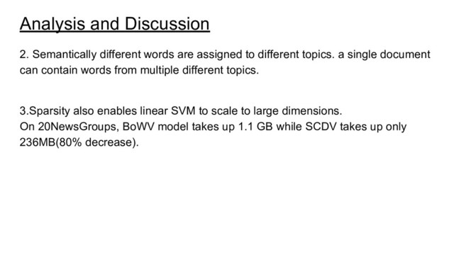 Analysis and Discussion
2. Semantically different words are assigned to different topics. a single document
can contain words from multiple different topics.
3.Sparsity also enables linear SVM to scale to large dimensions.
On 20NewsGroups, BoWV model takes up 1.1 GB while SCDV takes up only
236MB(80% decrease).
