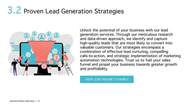3.2
Unlock the potential of your business with our lead
generation services. Through our meticulous research
and data-driven approach, we identify and capture
high-quality leads that are most likely to convert into
valuable customers. Our strategies encompass a
combination of effective lead nurturing, compelling
calls-to-action, and strategic implementation of marketing
automation technologies. Trust us to fuel your sales
funnel and propel your business towards greater growth
and profitability.
Proven Lead Generation Strategies
Hayford & Wilson Sales Deck | 12
VIEW LEAD MAGNET EXAMPLE
