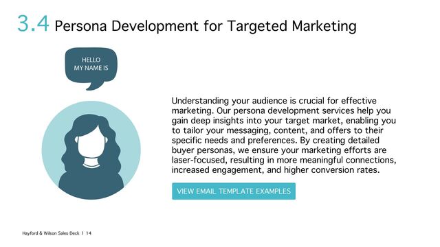 3.4
Understanding your audience is crucial for effective
marketing. Our persona development services help you
gain deep insights into your target market, enabling you
to tailor your messaging, content, and offers to their
specific needs and preferences. By creating detailed
buyer personas, we ensure your marketing efforts are
laser-focused, resulting in more meaningful connections,
increased engagement, and higher conversion rates.
Persona Development for Targeted Marketing
Hayford & Wilson Sales Deck | 14
VIEW EMAIL TEMPLATE EXAMPLES
