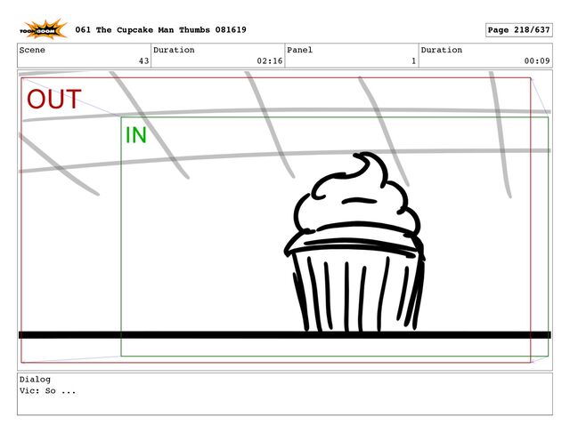 Scene
43
Duration
02:16
Panel
1
Duration
00:09
Dialog
Vic: So ...
061 The Cupcake Man Thumbs 081619 Page 218/637
