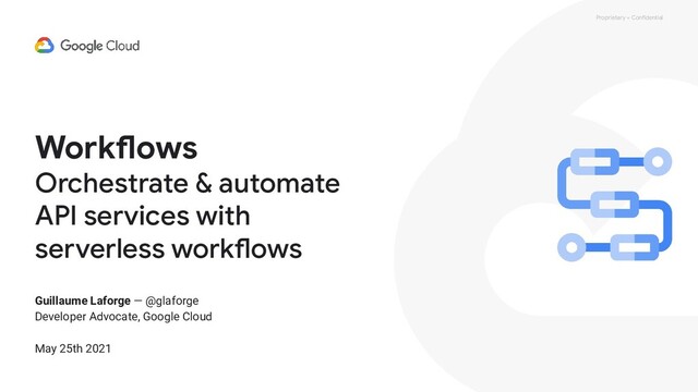 Proprietary + Confidential
Workflows
Orchestrate & automate
API services with
serverless workflows
Guillaume Laforge — @glaforge
Developer Advocate, Google Cloud
May 25th 2021
