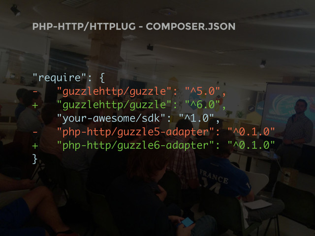 PHP-HTTP/HTTPLUG - COMPOSER.JSON
"require": {
- "guzzlehttp/guzzle": "^5.0",
+ "guzzlehttp/guzzle": "^6.0",
"your-awesome/sdk": "^1.0", 
- "php-http/guzzle5-adapter": "^0.1.0"
+ "php-http/guzzle6-adapter": "^0.1.0"
}
