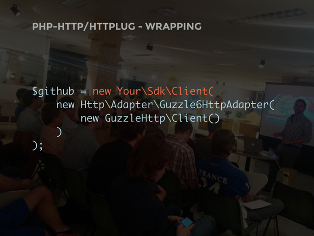 PHP-HTTP/HTTPLUG - WRAPPING
$github = new Your\Sdk\Client(
new Http\Adapter\Guzzle6HttpAdapter(
new GuzzleHttp\Client()
)
);

