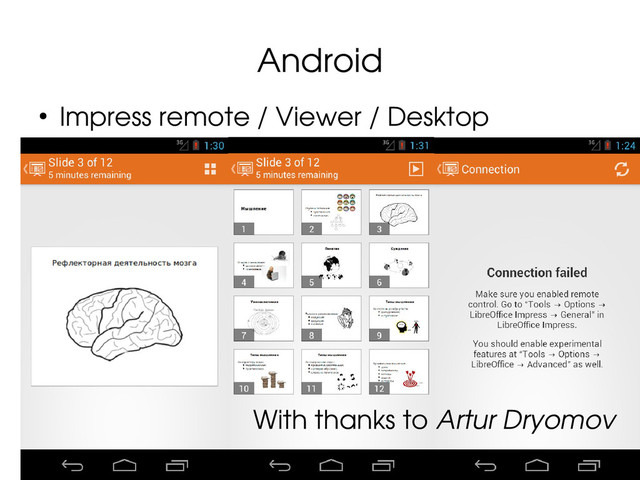 26 / 38
CLUC 2014 | Miklos Vajna
Android
● Impress remote / Viewer / Desktop
With thanks to Artur Dryomov
