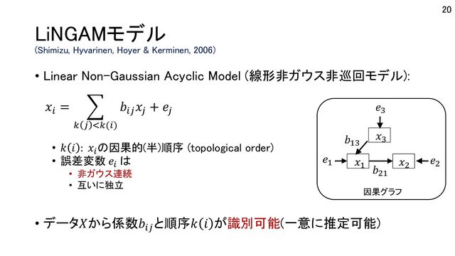 LiNGAMモデル
(Shimizu, Hyvarinen, Hoyer & Kerminen, 2006)
• Linear Non-Gaussian Acyclic Model (線形非ガウス非巡回モデル):
• 𝑘 𝑖 : 𝑥%
の因果的(半)順序 (topological order)
• 誤差変数 𝑒%
は
• 非ガウス連続
• 互いに独立
• データ𝑋から係数𝑏-.
と順序𝑘 𝑖 が識別可能(一意に推定可能)
20
𝑥#
𝑥&
𝑥'
因果グラフ
𝑥-
= 2
/ . 0/(-)
𝑏-.
𝑥.
+ 𝑒. 𝑒'
𝑒# 𝑒&
𝑏
𝑏#'
