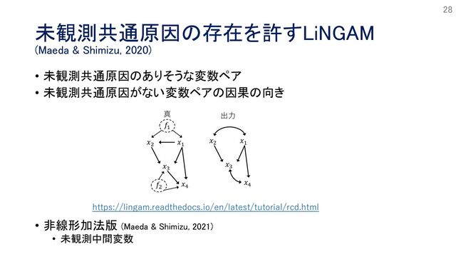 未観測共通原因の存在を許すLiNGAM
(Maeda & Shimizu, 2020)
• 未観測共通原因のありそうな変数ペア
• 未観測共通原因がない変数ペアの因果の向き
• 非線形加法版 (Maeda & Shimizu, 2021)
• 未観測中間変数
28
https://lingam.readthedocs.io/en/latest/tutorial/rcd.html
!!
!"
""
!#
真 出⼒
!$
!!
!"
!#
!$
"!
