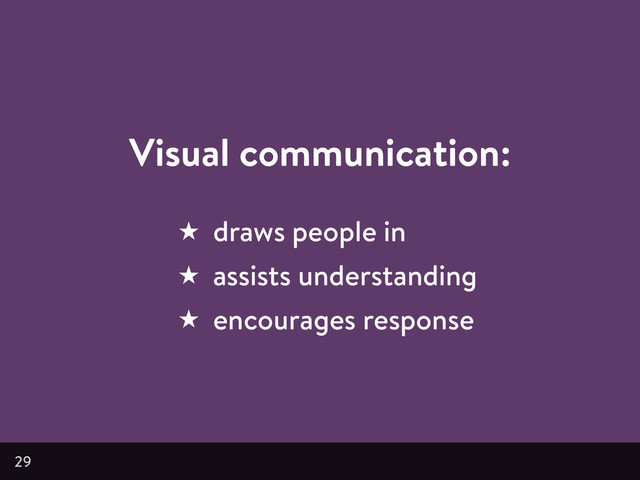 Visual communication:
★ draws people in
★ assists understanding
★ encourages response
29
