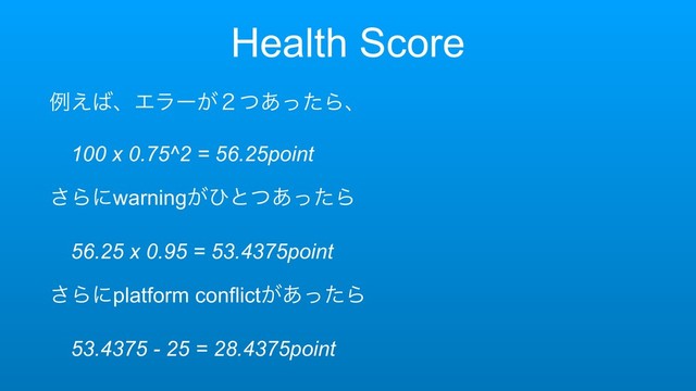 Health Score
ྫ͑͹ɺΤϥʔ͕̎ͭ͋ͬͨΒɺ
ɹ100 x 0.75^2 = 56.25point
͞Βʹwarning͕ͻͱͭ͋ͬͨΒ
ɹ56.25 x 0.95 = 53.4375point
͞Βʹplatform conflict͕͋ͬͨΒ
ɹ53.4375 - 25 = 28.4375point
