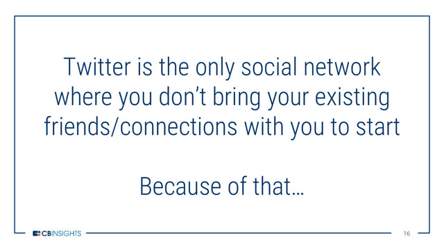 16
16
Twitter is the only social network
where you don’t bring your existing
friends/connections with you to start
Because of that…
