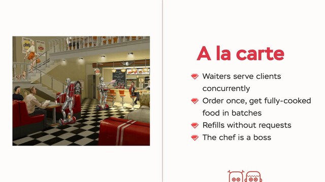A la carte
Waiters serve clients
concurrently
Order once, get fully-cooked
food in batches
Reﬁlls without requests
The chef is a boss
