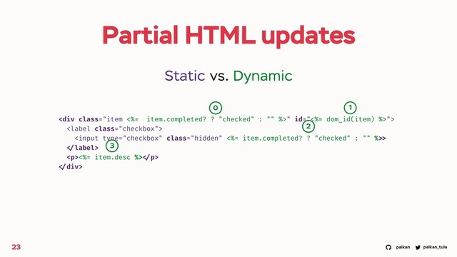 palkan_tula
palkan
Partial HTML updates
23
<div class="item <%= item.completed? ? ">" id="<%= dom_id(item) %>">

>

<p><%= item.desc %> </p>
</div>
Static vs. Dynamic
0 1
2
3
