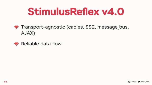 palkan_tula
palkan
StimulusReﬂex v4.0
Transport-agnostic (cables, SSE, message_bus,
AJAX)
Reliable data ﬂow
44
