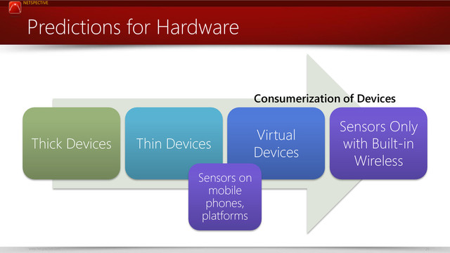NETSPECTIVE
www.netspective.com 29
Predictions for Hardware
Thick Devices Thin Devices
Virtual
Devices
Sensors Only
with Built-in
Wireless
Consumerization of Devices
Sensors on
mobile
phones,
platforms
