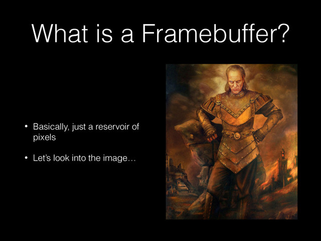 What is a Framebuffer?
• Basically, just a reservoir of
pixels
• Let’s look into the image…
