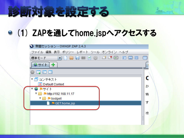 (1) ZAPを通してhome.jspへアクセスする

