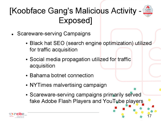 [Koobface Gang's Malicious Activity -
Exposed]

Scareware-serving Campaigns
• Black hat SEO (search engine optimization) utilized
for traffic acquisition
• Social media propagation utilized for traffic
acquisition
• Bahama botnet connection
• NYTimes malvertising campaign
• Scareware-serving campaigns primarily served
fake Adobe Flash Players and YouTube players
17
