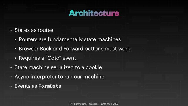 Architecture
• States as routes


• Routers are fundamentally state machines


• Browser Back and Forward buttons must work


• Requires a "Goto" event


• State machine serialized to a cookie


• Async interpreter to run our machine


• Events as FormData
Erik Rasmussen – @erikras – October 1, 2022
