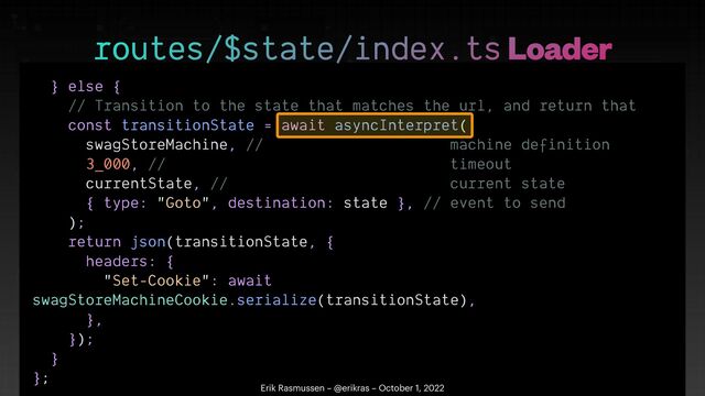 } else {


// Transition to the state that matches the url, and return that


const transitionState = await asyncInterpret(


swagStoreMachine, // machine definition


3_000, // timeout


currentState, // current state


{ type: "Goto", destination: state }, // event to send


);


return json(transitionState, {


headers: {


"Set-Cookie": await
swagStoreMachineCookie.serialize(transitionState),


},


});


}


};


routes/$state/index.ts Loader
Erik Rasmussen – @erikras – October 1, 2022
