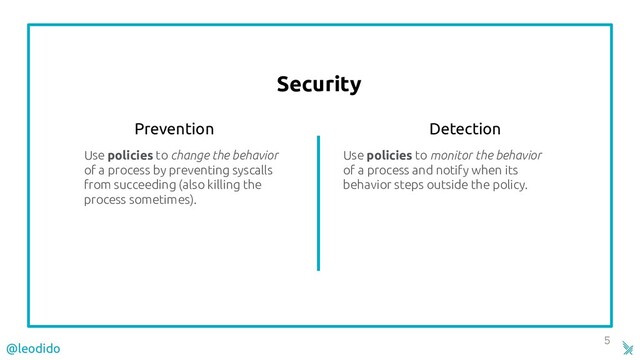 Security
5
Use policies to change the behavior
of a process by preventing syscalls
from succeeding (also killing the
process sometimes).
Detection
Use policies to monitor the behavior
of a process and notify when its
behavior steps outside the policy.
Prevention
@leodido
