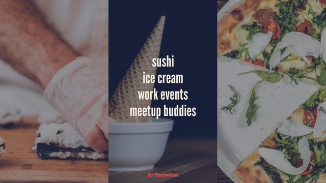 sushi
ice cream
work events
meetup buddies
68 — @laceynwilliams

