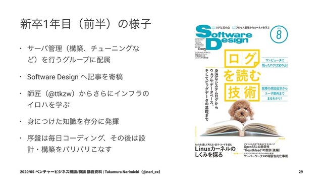৽ଔ1೥໨ʢલ൒ʣͷ༷ࢠ
• αʔό؅ཧʢߏஙɺνϡʔχϯάͳ
ͲʣΛߦ͏άϧʔϓʹ഑ଐ
• Software Design ΁هࣄΛدߘ
• ࢣঊʢ@ttkzwʣ͔Β͞ΒʹΠϯϑϥͷ
ΠϩϋΛֶͿ
• ਎ʹ͚ͭͨ஌ࣝΛଘ෼ʹൃش
• ং൫͸ຖ೔ίʔσΟϯάɺͦͷޙ͸ઃ
ܭɾߏஙΛόϦόϦ͜ͳ͢
2020/05 ϕϯνϟʔϏδωε֓࿦/ಛ࿦ ߨٛࢿྉ | Takamura Narimichiʢ@nari_exʣ 29
