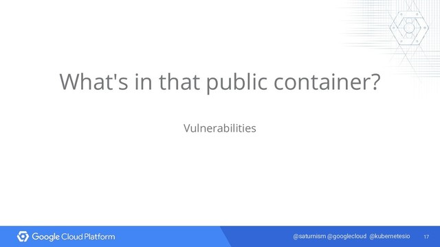17
@saturnism @googlecloud @kubernetesio
What's in that public container?
Vulnerabilities
