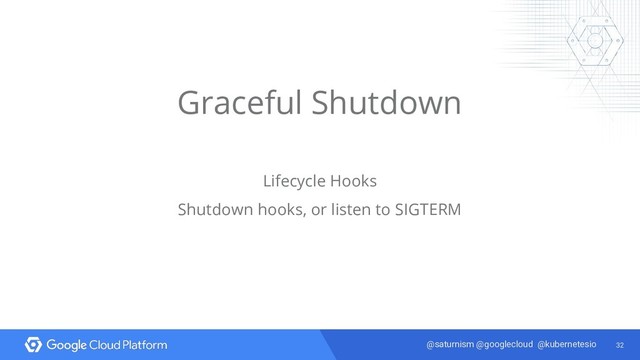 32
@saturnism @googlecloud @kubernetesio
Graceful Shutdown
Lifecycle Hooks
Shutdown hooks, or listen to SIGTERM
