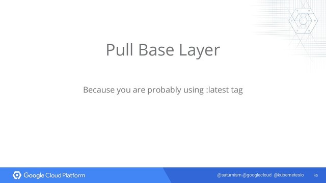 45
@saturnism @googlecloud @kubernetesio
Pull Base Layer
Because you are probably using :latest tag
