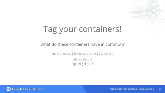 10
@saturnism @googlecloud @kubernetesio
Tag your containers!
What do these containers have in common?
helloworld-service:latest
debian:9
openjdk:8
