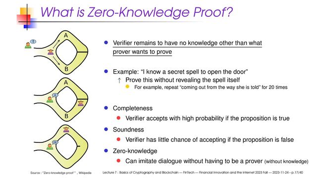 What is Zero-Knowledge Proof?
4PVSDFl;FSPLOPXMFEHFQSPPGz 8JLJQFEJB
Veriﬁer remains to have no knowledge other than what
prover wants to prove
Example: “I know a secret spell to open the door”
↑ Prove this without revealing the spell itself
For example, repeat “coming out from the way she is told” for 20 times
Completeness
Veriﬁer accepts with high probability if the proposition is true
Soundness
Veriﬁer has little chance of accepting if the proposition is false
Zero-knowledge
Can imitate dialogue without having to be a prover (without knowledge)
Lecture 7 : Basics of Cryptography and Blockchain — FinTech — Financial Innovation and the Internet 2023 Fall — 2023-11-24 – p.17/40
