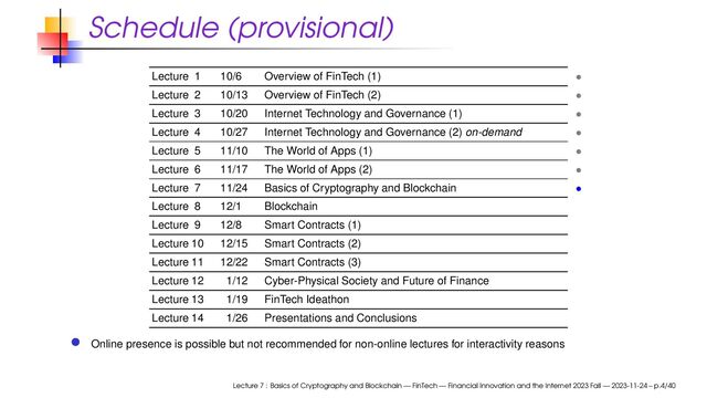 Schedule (provisional)
Lecture 1 10/6 Overview of FinTech (1) •
Lecture 2 10/13 Overview of FinTech (2) •
Lecture 3 10/20 Internet Technology and Governance (1) •
Lecture 4 10/27 Internet Technology and Governance (2) on-demand •
Lecture 5 11/10 The World of Apps (1) •
Lecture 6 11/17 The World of Apps (2) •
Lecture 7 11/24 Basics of Cryptography and Blockchain •
Lecture 8 12/1 Blockchain
Lecture 9 12/8 Smart Contracts (1)
Lecture 10 12/15 Smart Contracts (2)
Lecture 11 12/22 Smart Contracts (3)
Lecture 12 1/12 Cyber-Physical Society and Future of Finance
Lecture 13 1/19 FinTech Ideathon
Lecture 14 1/26 Presentations and Conclusions
Online presence is possible but not recommended for non-online lectures for interactivity reasons
Lecture 7 : Basics of Cryptography and Blockchain — FinTech — Financial Innovation and the Internet 2023 Fall — 2023-11-24 – p.4/40
