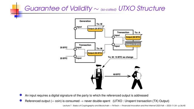 Guarantee of Validity ∼ (so-called)
UTXO Structure
An input requires a digital signature of the party to which the referenced output is addressed
Referenced output (= coin) is consumed → never double-spent (UTXO : Unspent transaction (TX) Output)
Lecture 7 : Basics of Cryptography and Blockchain — FinTech — Financial Innovation and the Internet 2023 Fall — 2023-11-24 – p.36/40
